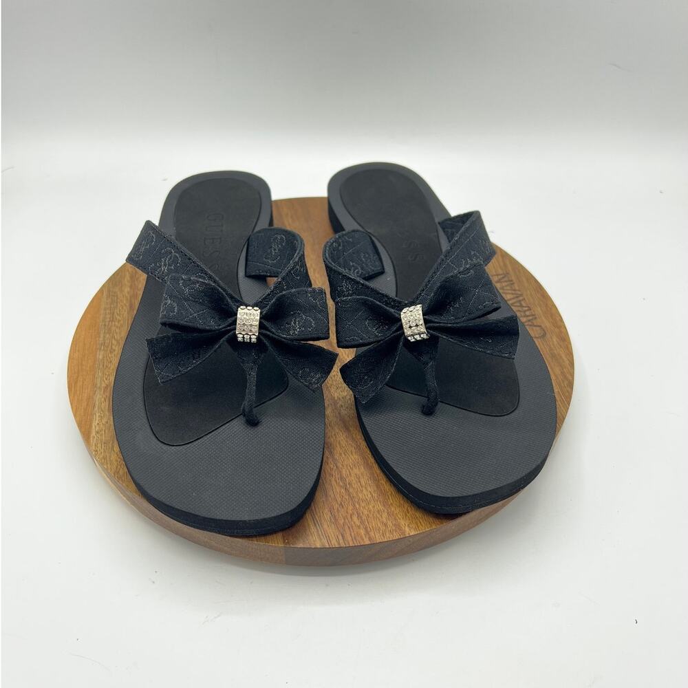 Guess Tuta Black Bow Rhinestone Thong Sandals Women's Size 9 New - Picture 3 of 9